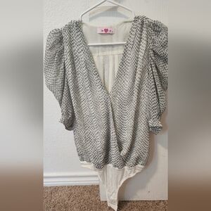 Buddy Love Gray and Cream Wrap Bodysuit with Puff Sleeves